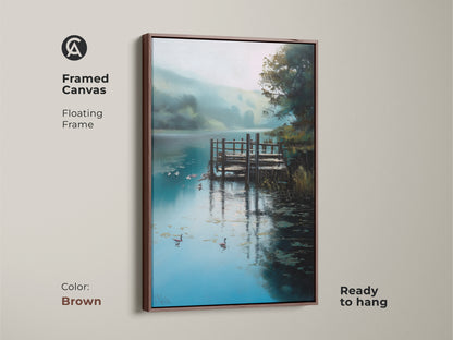 Brown framed canvas showcasing a rustic lake dock. It features an impressionistic nature scene with geese on the water. Enjoy teal blue and green tones in this peaceful artwork. Ready to hang wildlife bird art. Ideal for rustic cabin decor.