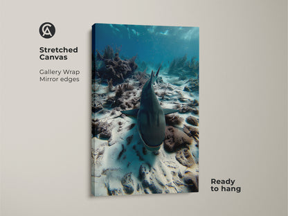 Stretched canvas of underwater shark artwork ready to hang. This photorealistic ocean print shows a shark swimming above a coral reef. The gallery wrap features mirror edges. This deep blue wildlife art is perfect as coastal home decor or a thoughtful housewarming gift for ocean lovers.