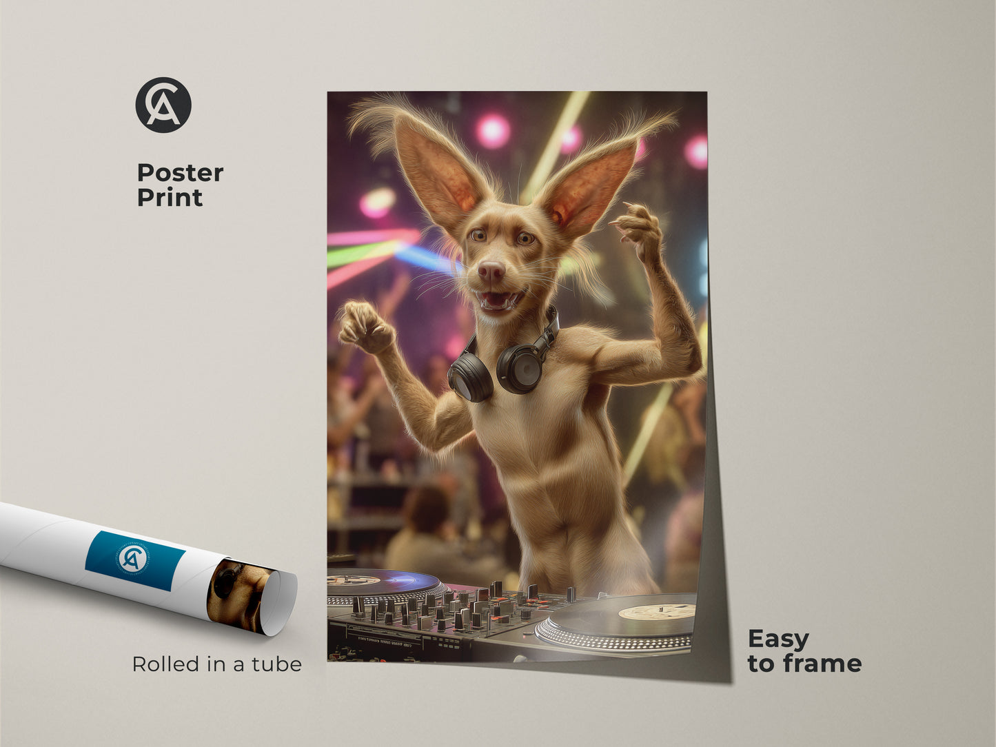 Funny DJ dog art poster print. This eclectic animal wall art is perfect for music lovers. Rolled in a tube and easy to frame. It's a perfect addition to any entertainment room or home bar.