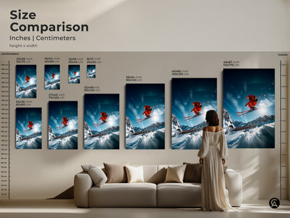 Size comparison of our skier artwork. Visualize how each size fits above a sofa. From small to large discover the perfect dimensions. Create a stunning focal point with this action-packed art. Choose from canvas and poster options for your space.