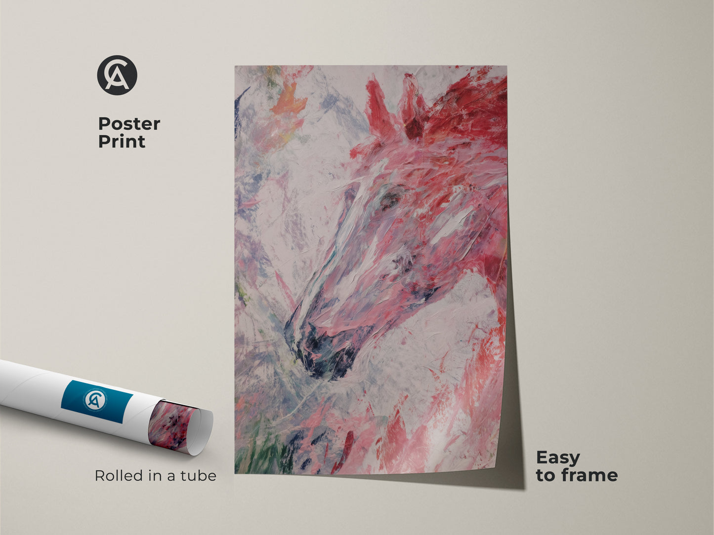Poster print of an abstract horse head artwork rolled in a tube. This pink red and white equestrian art is easy to frame. The modern animal painting adds a contemporary touch. It's an ideal gift for those who appreciate abstract expressionism. The poster is perfect for a bedroom or living space.