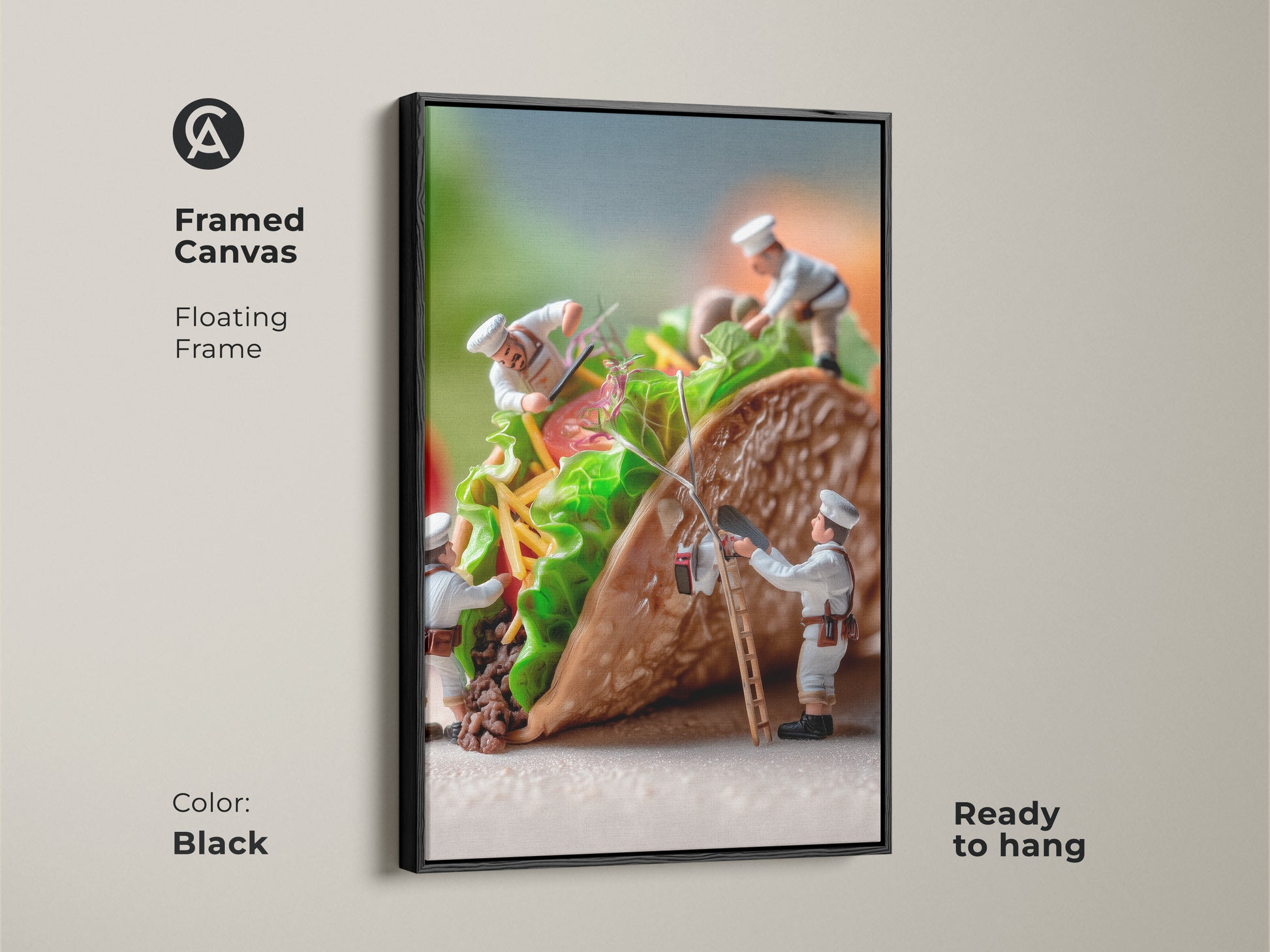 Framed canvas artwork of chefs working on a taco. The floating frame is black. This food art adds a modern touch. The chefs meticulously assemble the ingredients. This piece is ready to hang. Perfect wall art for food lovers and art collectors.