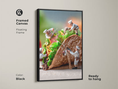 Framed canvas artwork of chefs working on a taco. The floating frame is black. This food art adds a modern touch. The chefs meticulously assemble the ingredients. This piece is ready to hang. Perfect wall art for food lovers and art collectors.