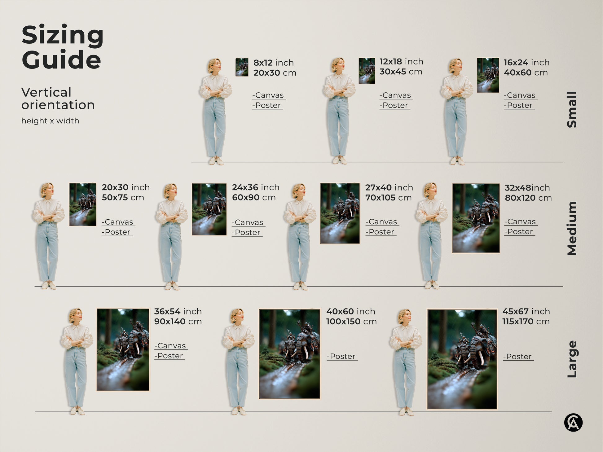 Sizing guide for vertical elephant warrior canvas and poster prints. Ranging from small to large sizes. This fantasy battle scene art is perfect for adding an epic touch to any room. Find the ideal fit for your space with this moss green and earthy brown artwork.