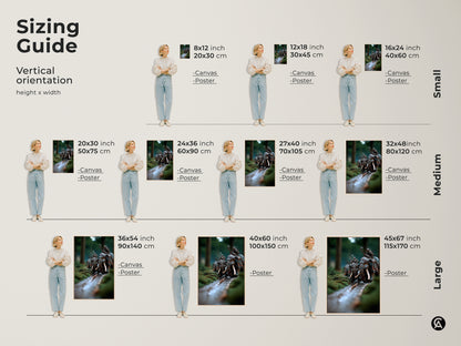 Sizing guide for vertical elephant warrior canvas and poster prints. Ranging from small to large sizes. This fantasy battle scene art is perfect for adding an epic touch to any room. Find the ideal fit for your space with this moss green and earthy brown artwork.