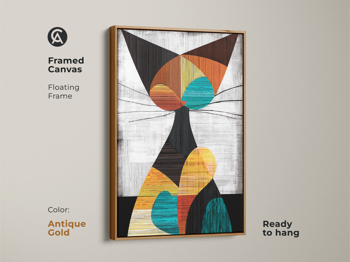 Framed canvas with an antique gold floating frame. This orange blue and yellow art is perfect for cat people. Add this modern abstract canvas to your living room or office space.