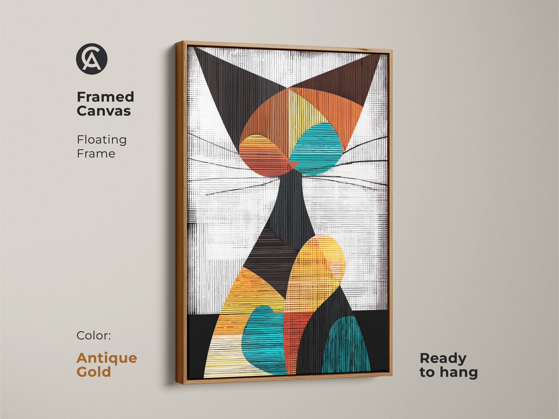 Framed canvas with an antique gold floating frame. This orange blue and yellow art is perfect for cat people. Add this modern abstract canvas to your living room or office space.