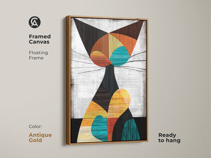 Framed canvas with an antique gold floating frame. This orange blue and yellow art is perfect for cat people. Add this modern abstract canvas to your living room or office space.