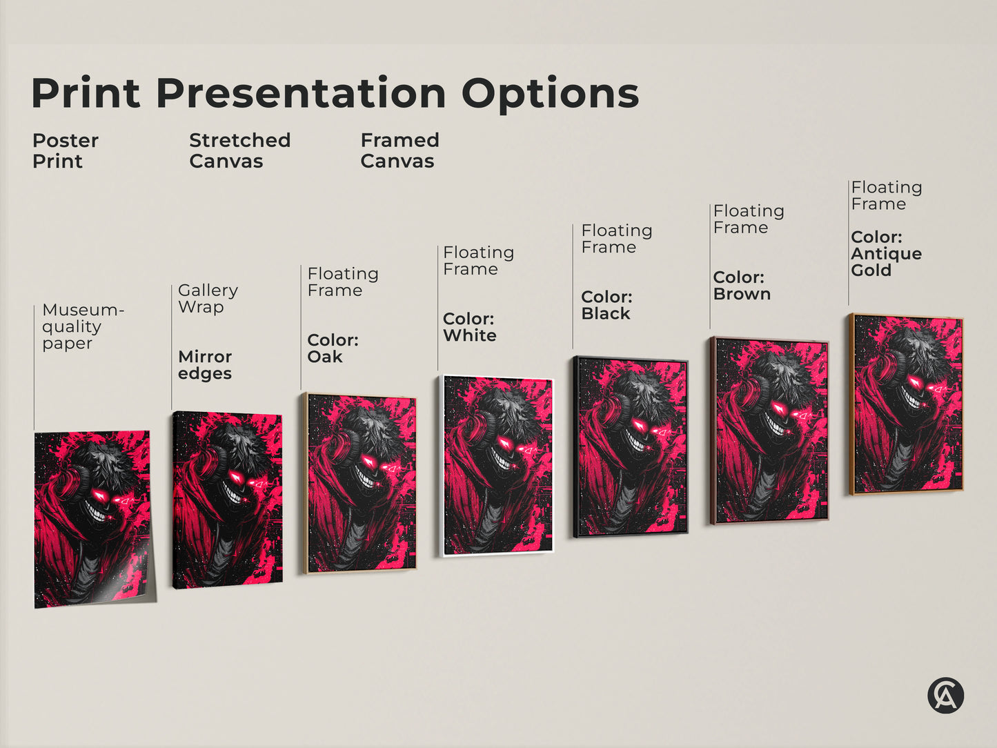 Explore our print presentation options. See our poster prints stretched canvases and framed canvas options. Choose from various frames and colors. Find the perfect artwork for your space.