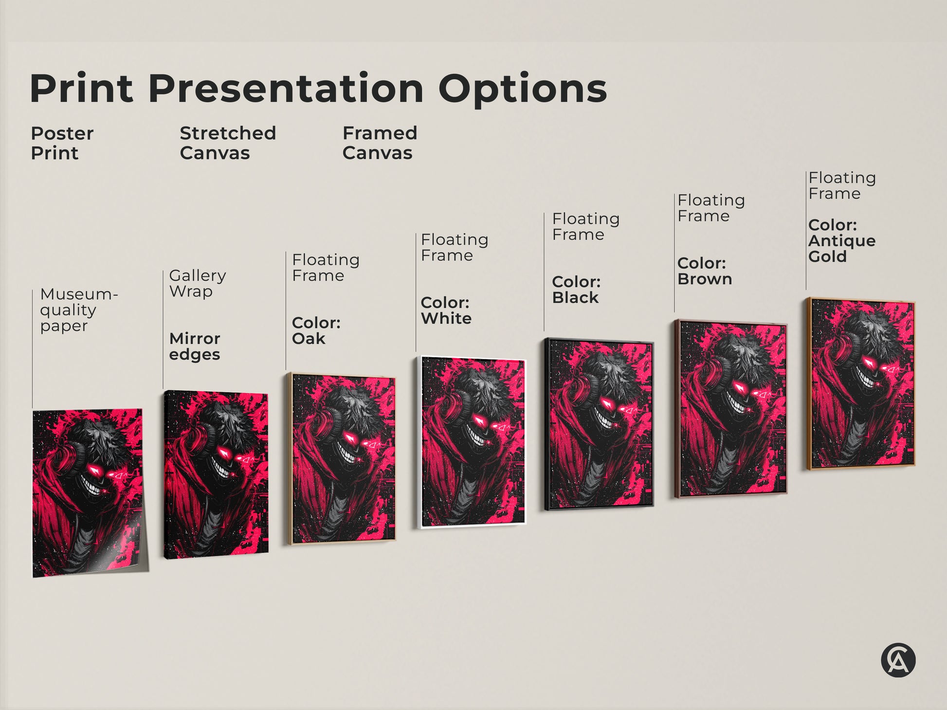 Explore our print presentation options. See our poster prints stretched canvases and framed canvas options. Choose from various frames and colors. Find the perfect artwork for your space.