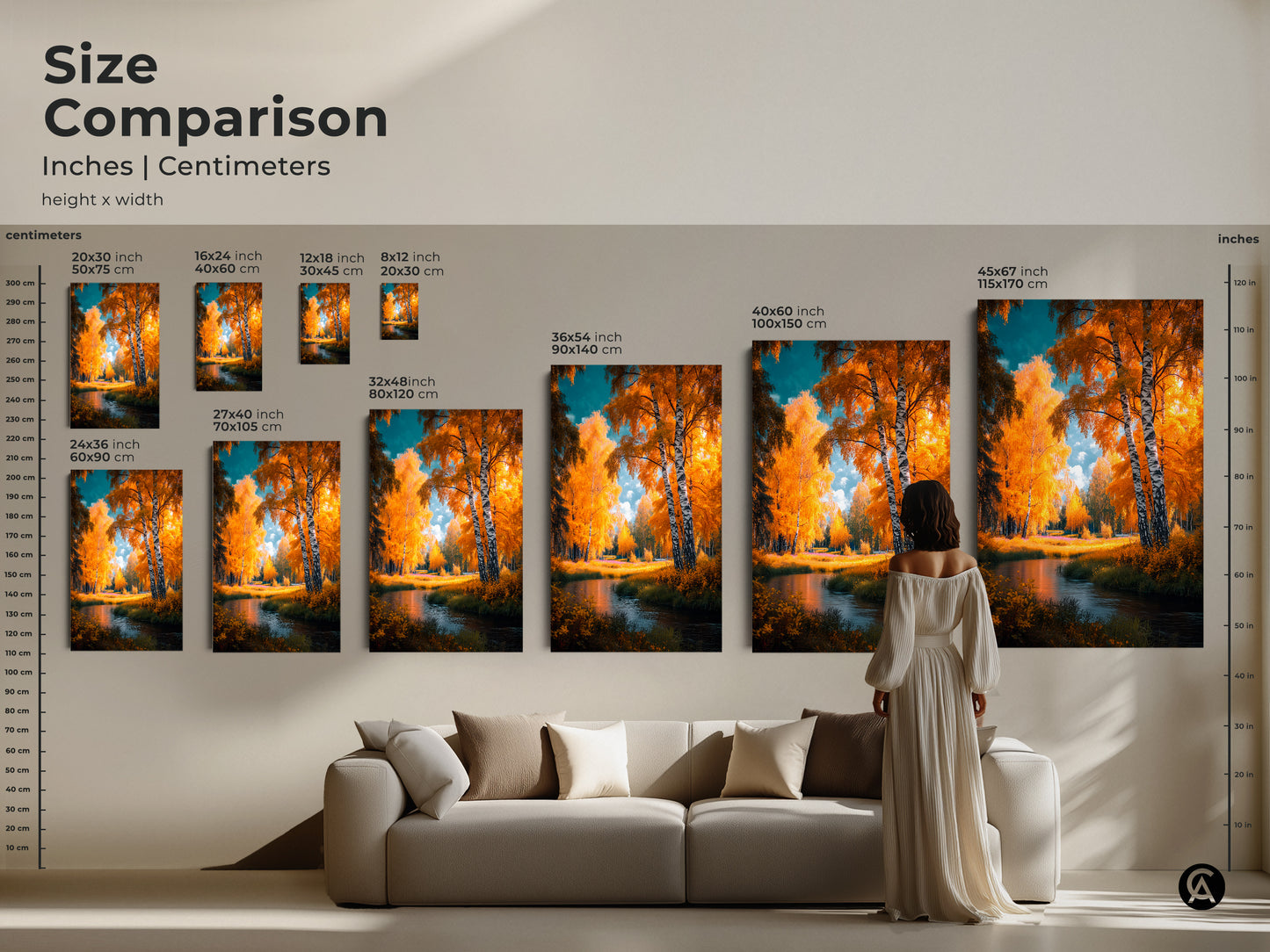 Size comparison of birch tree art prints in inches and centimeters. Visualize the perfect fit for your space. Choose from various sizes to enhance your home decor. This landscape art brings the beauty of nature indoors. Transform your living space today.