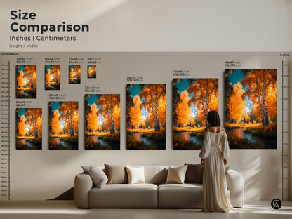 Size comparison of birch tree art prints in inches and centimeters. Visualize the perfect fit for your space. Choose from various sizes to enhance your home decor. This landscape art brings the beauty of nature indoors. Transform your living space today.