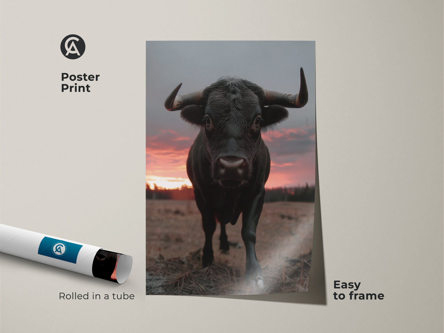 Poster print of a wildlife sunset art featuring a black bull. Rolled in a tube and easy to frame. The photorealistic animal print brings nature indoors. Great animal nature wall art for home decor.