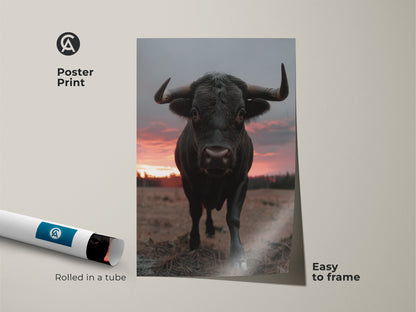 Poster print of a wildlife sunset art featuring a black bull. Rolled in a tube and easy to frame. The photorealistic animal print brings nature indoors. Great animal nature wall art for home decor.