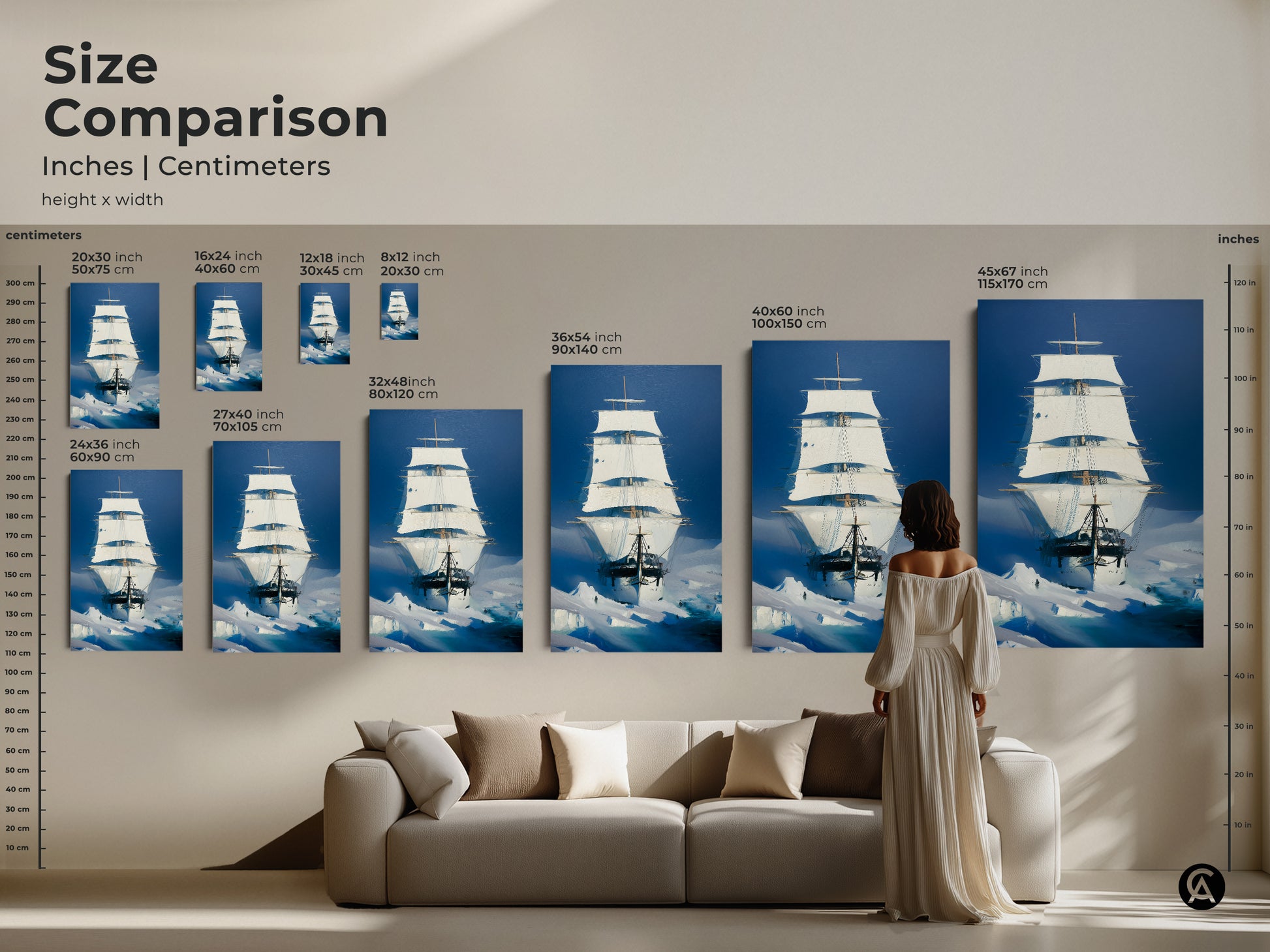 Visualize size comparisons of tall ship nautical art prints. This wall art offers various dimensions to fit your space. See how this Arctic Blue maritime adventure painting looks above a sofa providing a sense of scale. A great way to choose the perfect size exploration wall art for your home