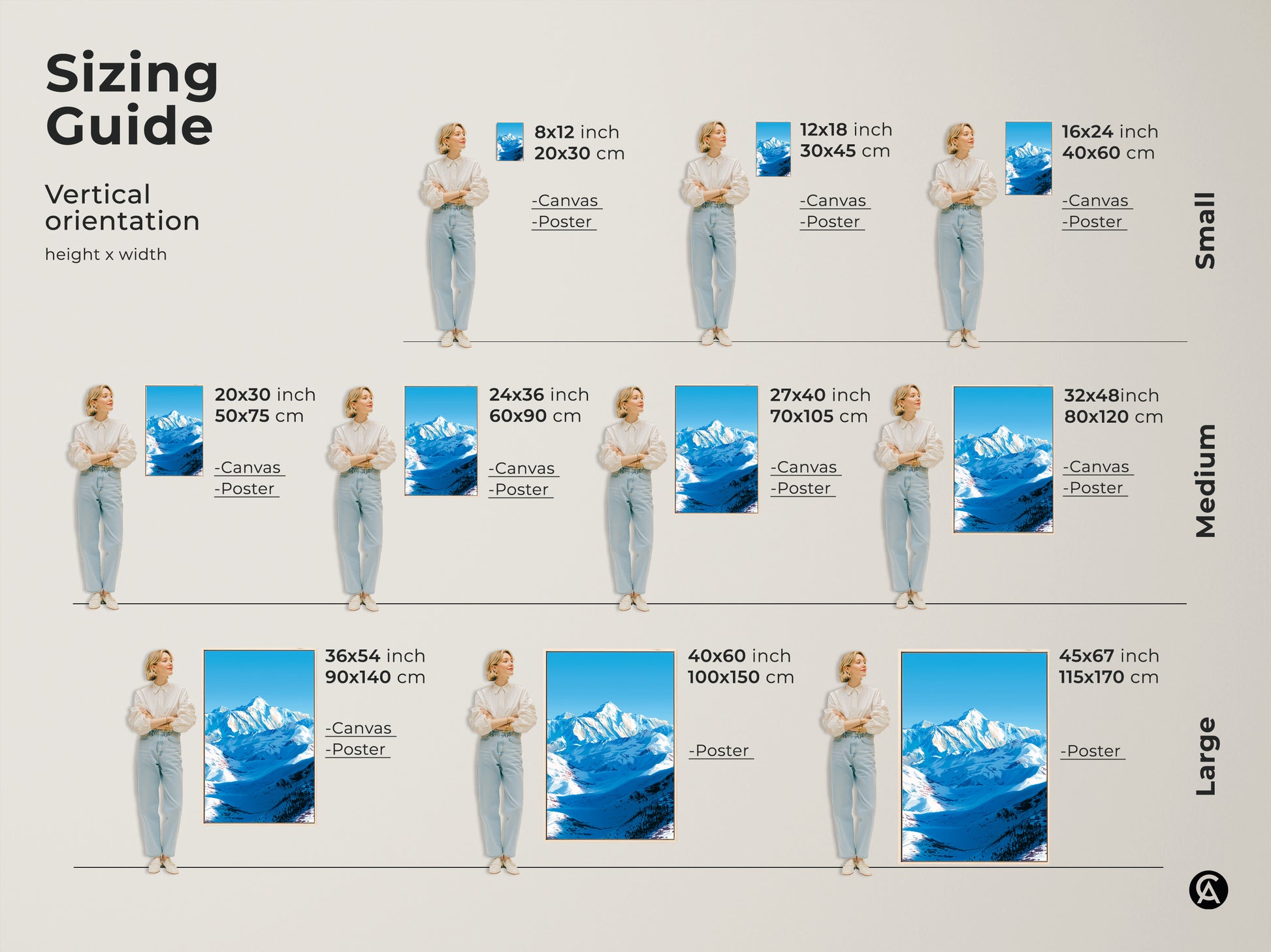 A sizing guide shows various vertical orientations of the snowy mountain canvas print. Sizes range from small to large. This modern nature artwork is perfect for adding serene alpine scenery to any room. It is ideal as bedroom wall decor or home office art. A great gift idea.