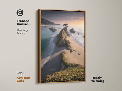 Antique gold framed canvas presenting a beach sunset canvas art. This coastal rocky coast landscape artwork features a lone tree. The golden hour seascape brings serene beauty. Ready to hang in a home office or living room. A great gift for beach lovers.
