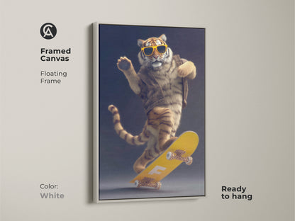Framed canvas art showcasing a tiger on a skateboard. It has a white floating frame and is ready to hang. This fun artwork is ideal for youth room decor. It adds a touch of street style.