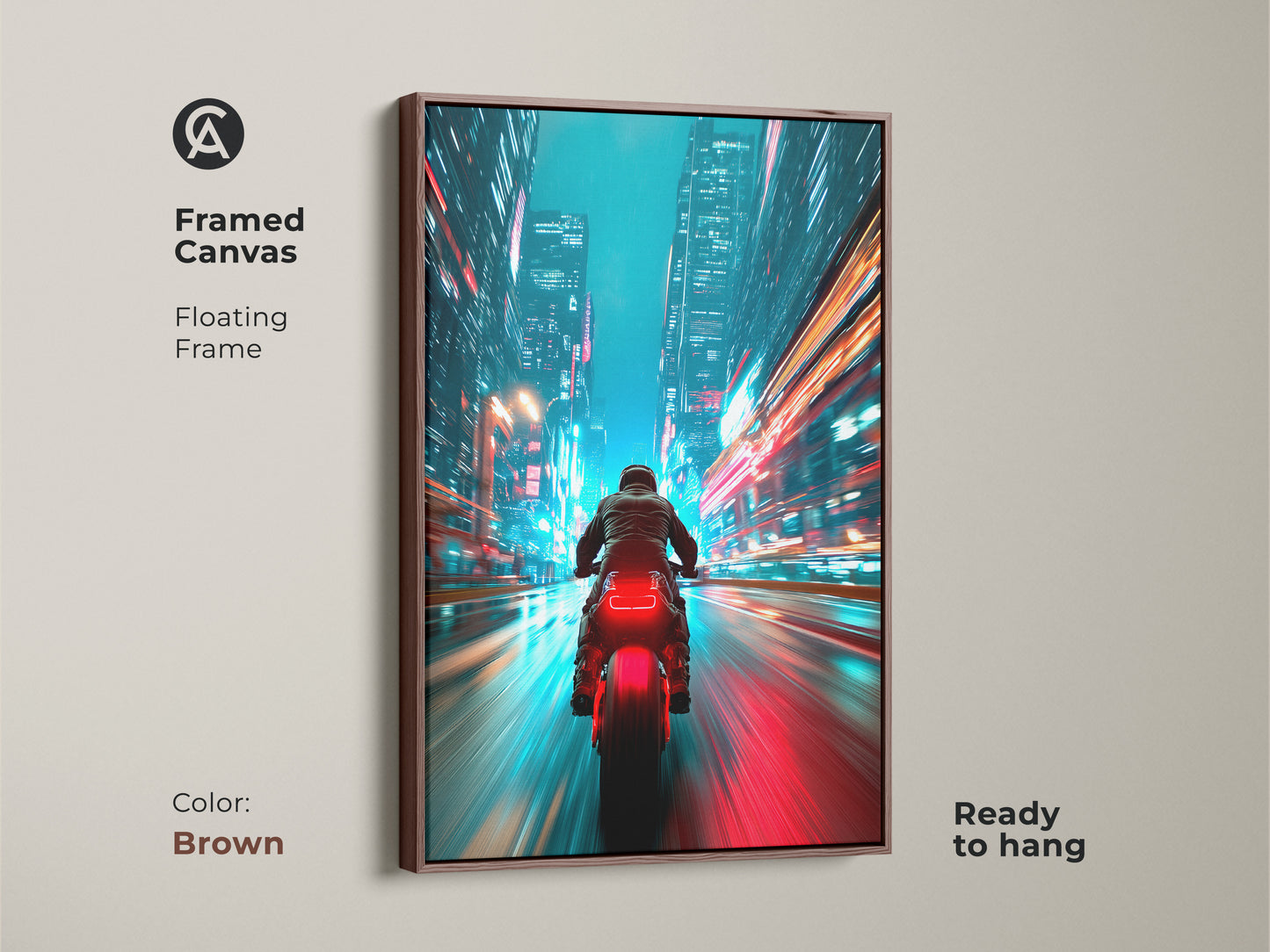 Framed canvas of a cyberpunk cityscape. The artwork features a rider on a motorcycle with neon lights. The brown floating frame enhances the urban aesthetic. This motion blur cityscape art is ready to hang. It is ideal for office or living room decor.