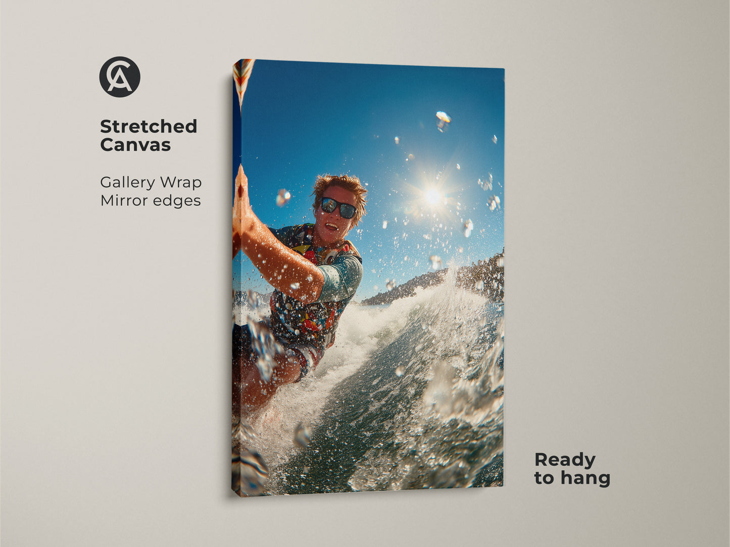 A stretched canvas print shows a surfer riding a wave. The gallery wrap and mirror edges give a modern look. This ready-to-hang art captures the energy of surfing. Perfect for adding a dynamic focal point to your wall decor.