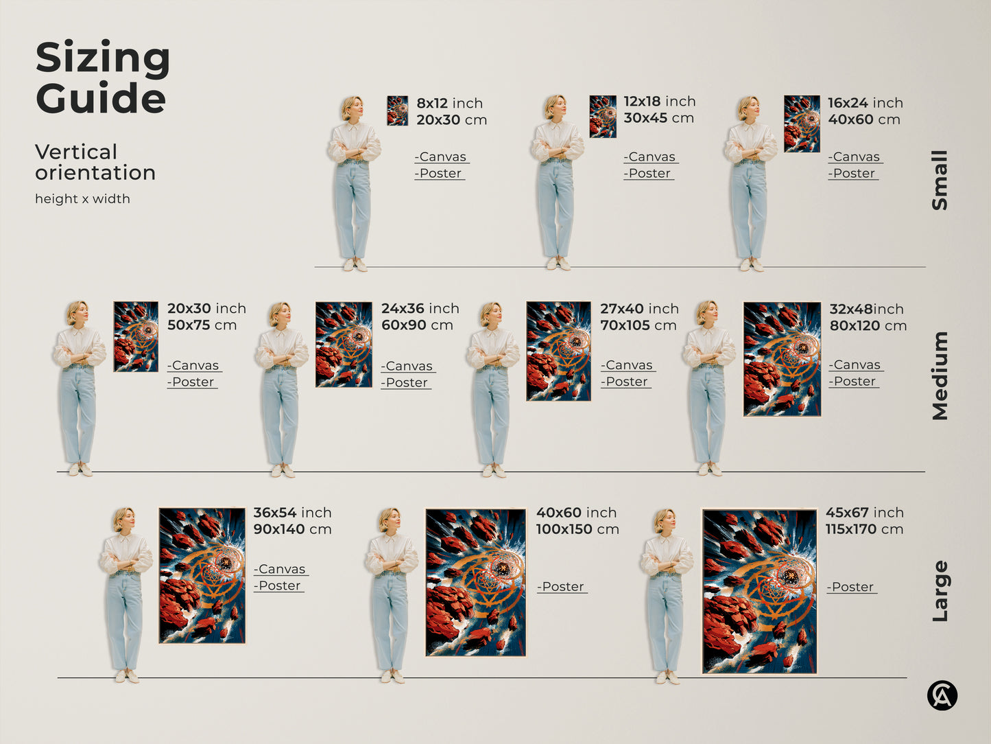 Sizing guide for vertical contemporary abstract art orientation. Canvas and poster options in small medium and large sizes demonstrated with a model for scale. Orange gold and teal geometric art