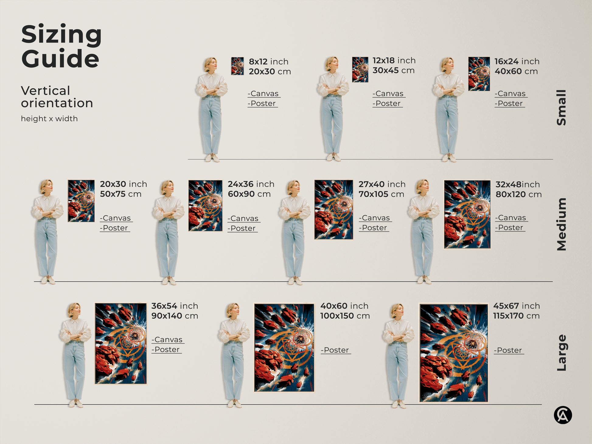 Sizing guide for vertical contemporary abstract art orientation. Canvas and poster options in small medium and large sizes demonstrated with a model for scale. Orange gold and teal geometric art