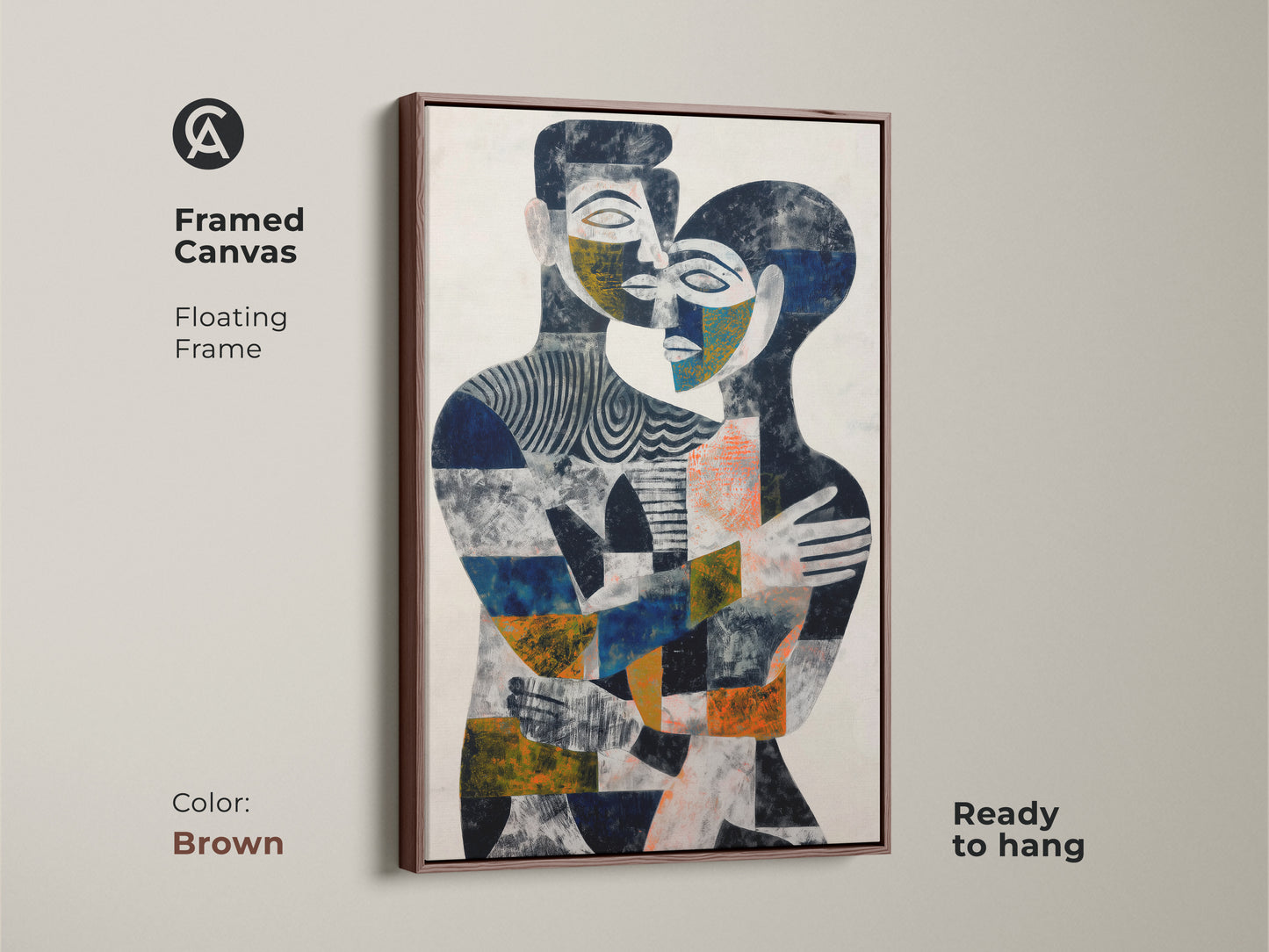 Framed abstract couple art mounted on a wall. The indigo and orange geometric print creates a focal point. This figurative embrace artwork enhances any room. An excellent anniversary gift for couples. Add a bohemian touch to your home decor with this unique piece.