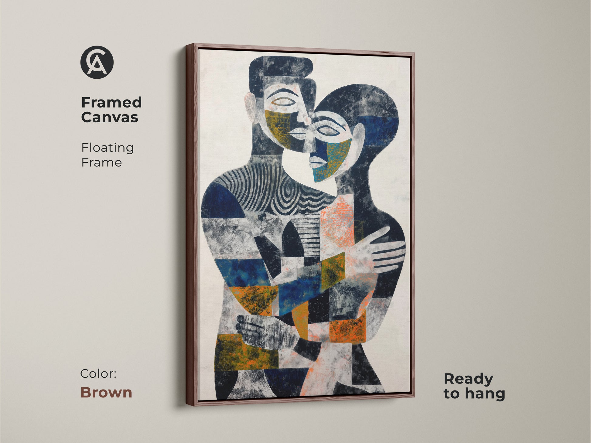Framed abstract couple art mounted on a wall. The indigo and orange geometric print creates a focal point. This figurative embrace artwork enhances any room. An excellent anniversary gift for couples. Add a bohemian touch to your home decor with this unique piece.