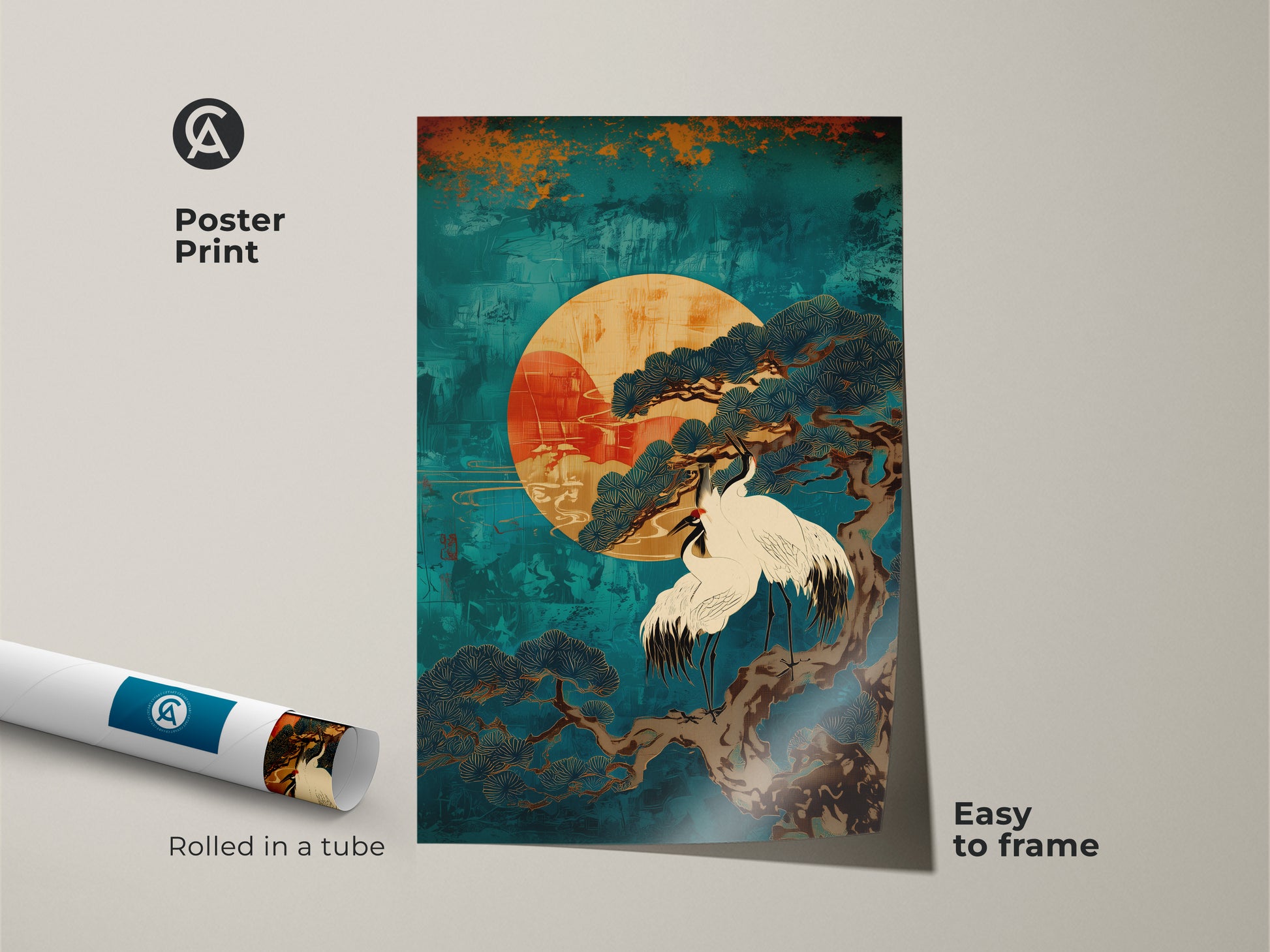 Easy-to-frame poster print of Japandi Teal Cranes and Pine Tree artwork inspired by Japanese Ukiyo-e. This Asian nature print comes rolled in a tube. A perfect housewarming gift this zen ink artwork brings mindfulness and natural beauty to any space adding an oriental and calming touch.