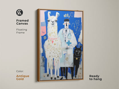 The Llama Doctor abstract artwork displayed in an antique gold frame. This framed canvas is ready to hang. It adds an artistic touch to veterinary offices and creative workspaces alike.