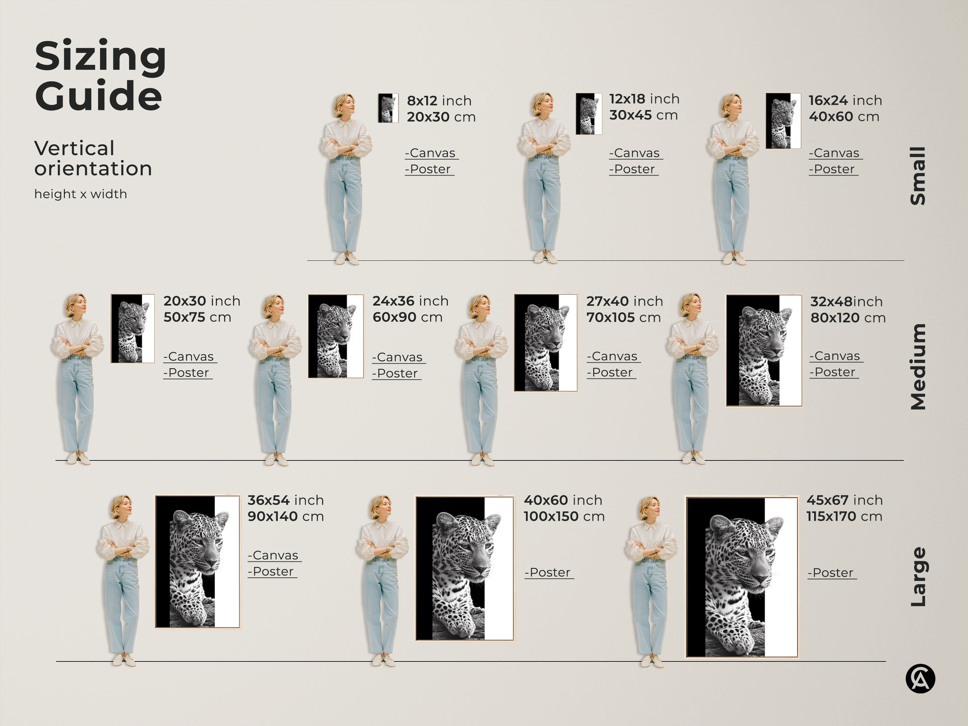 Sizing guide for the vertical monochrome leopard artwork. Available as canvas or poster in sizes from small to large. Find the perfect fit for your space. Choose the ideal dimensions for your animal wall art. Elevate your decor with this minimalist art print tailored to your specific needs.