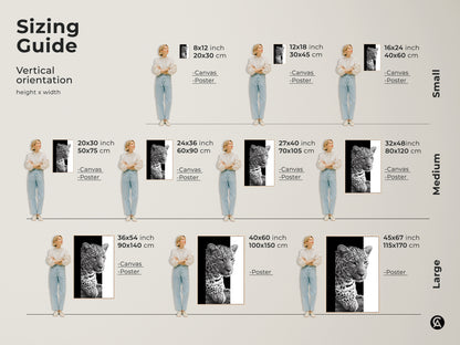 Sizing guide for the vertical monochrome leopard artwork. Available as canvas or poster in sizes from small to large. Find the perfect fit for your space. Choose the ideal dimensions for your animal wall art. Elevate your decor with this minimalist art print tailored to your specific needs.