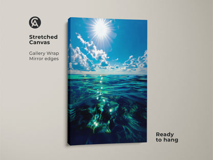 This stretched canvas features photorealistic ocean waves. The coastal wall art decor has gallery wrap mirror edges and is ready to hang. It's a deep blue ocean artwork with sky and sea canvas art. A great gift for beach lovers.