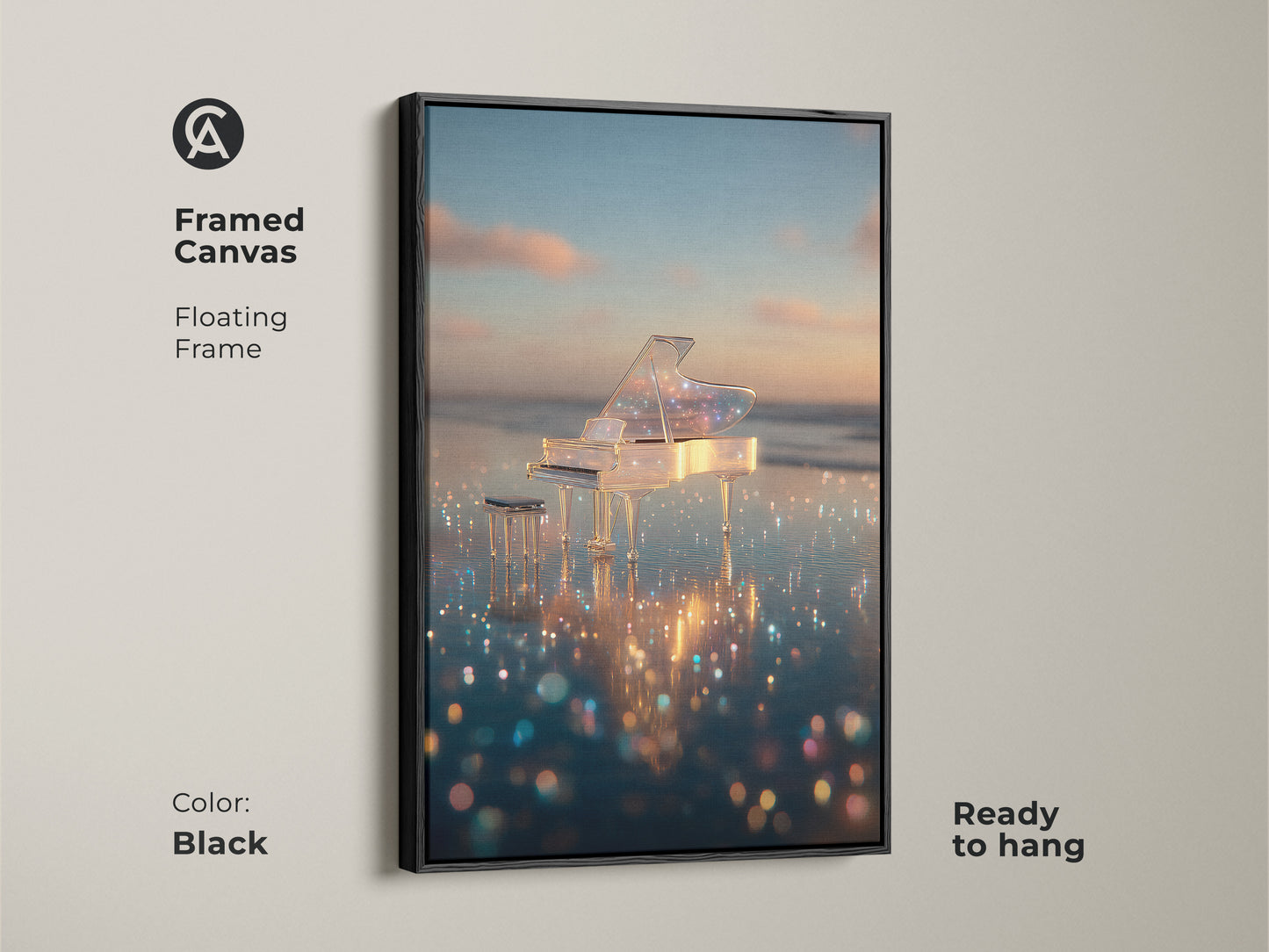 Black framed canvas art featuring a crystal piano on a dreamy beach. The floating frame adds sophistication. This artwork is ready to hang. It creates a focal point in any room. The piano art is perfect for music enthusiasts. Elevate your decor with this art piece. Shop now.