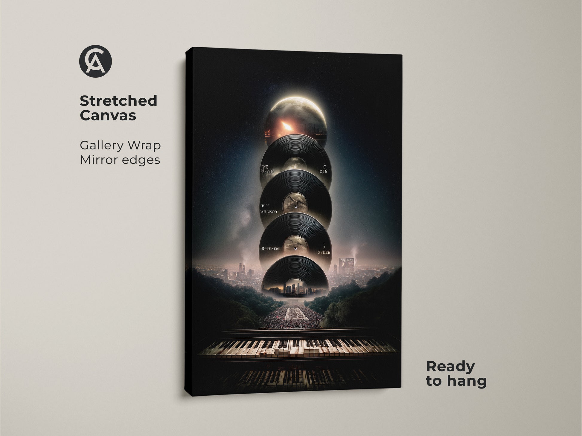 Stretched Canvas featuring surreal music artwork. Gallery wrapped with mirror edges. This ready to hang piece displays a conceptual cityscape with vinyl record decor and piano keyboard art. It's ideal for music lovers looking to enhance their space with modern music decor.