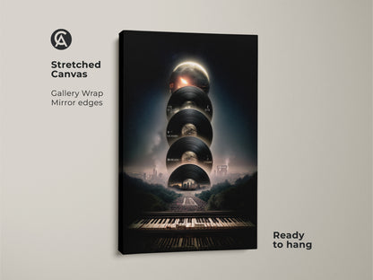 Stretched Canvas featuring surreal music artwork. Gallery wrapped with mirror edges. This ready to hang piece displays a conceptual cityscape with vinyl record decor and piano keyboard art. It's ideal for music lovers looking to enhance their space with modern music decor.
