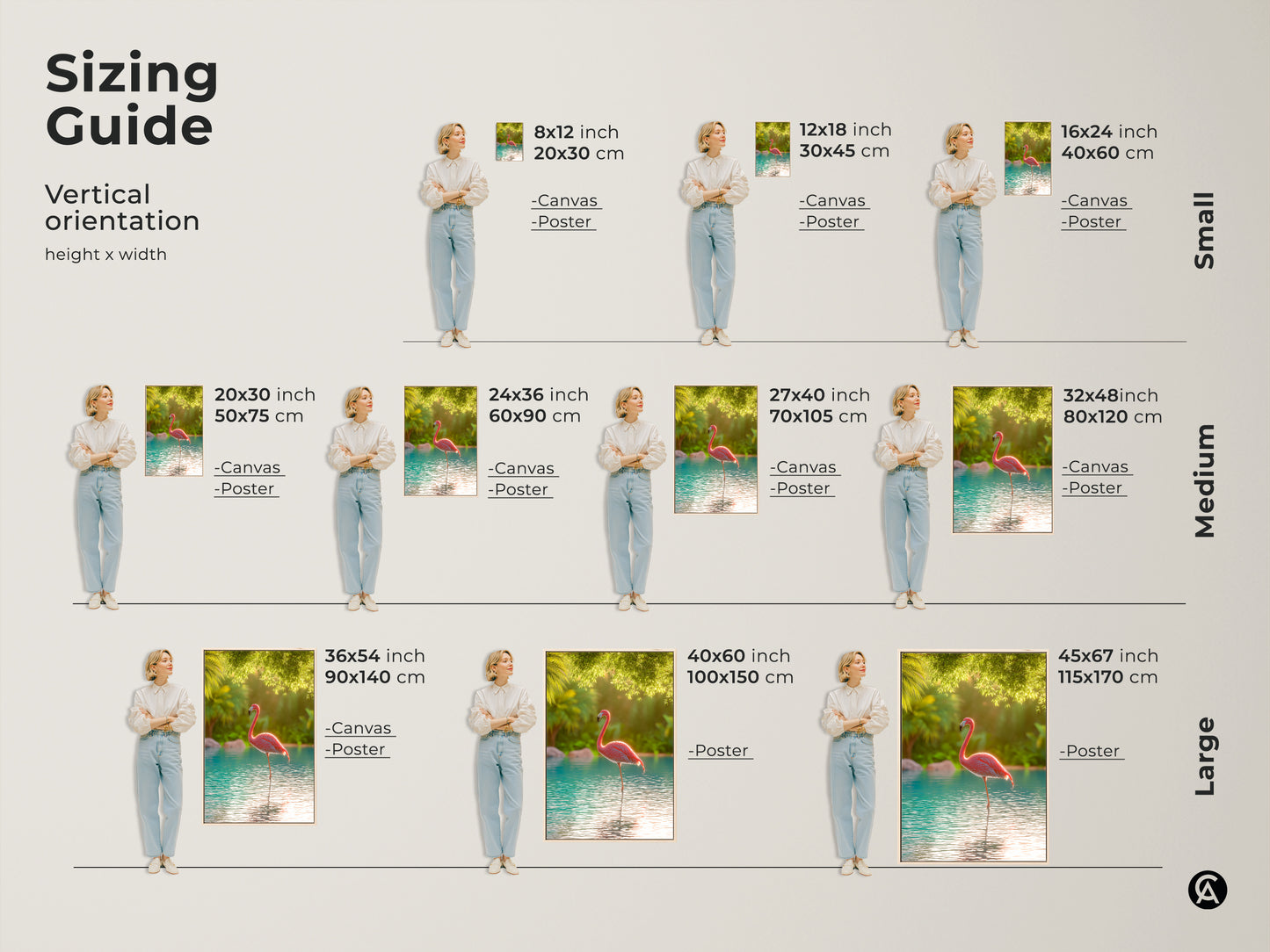 Sizing guide for vertical tropical flamingo art prints. Visualize canvas and poster sizes from small to large. See how each size fits with a model for scale. Choose the perfect dimensions to enhance your space. Find ideal wall art for any room.