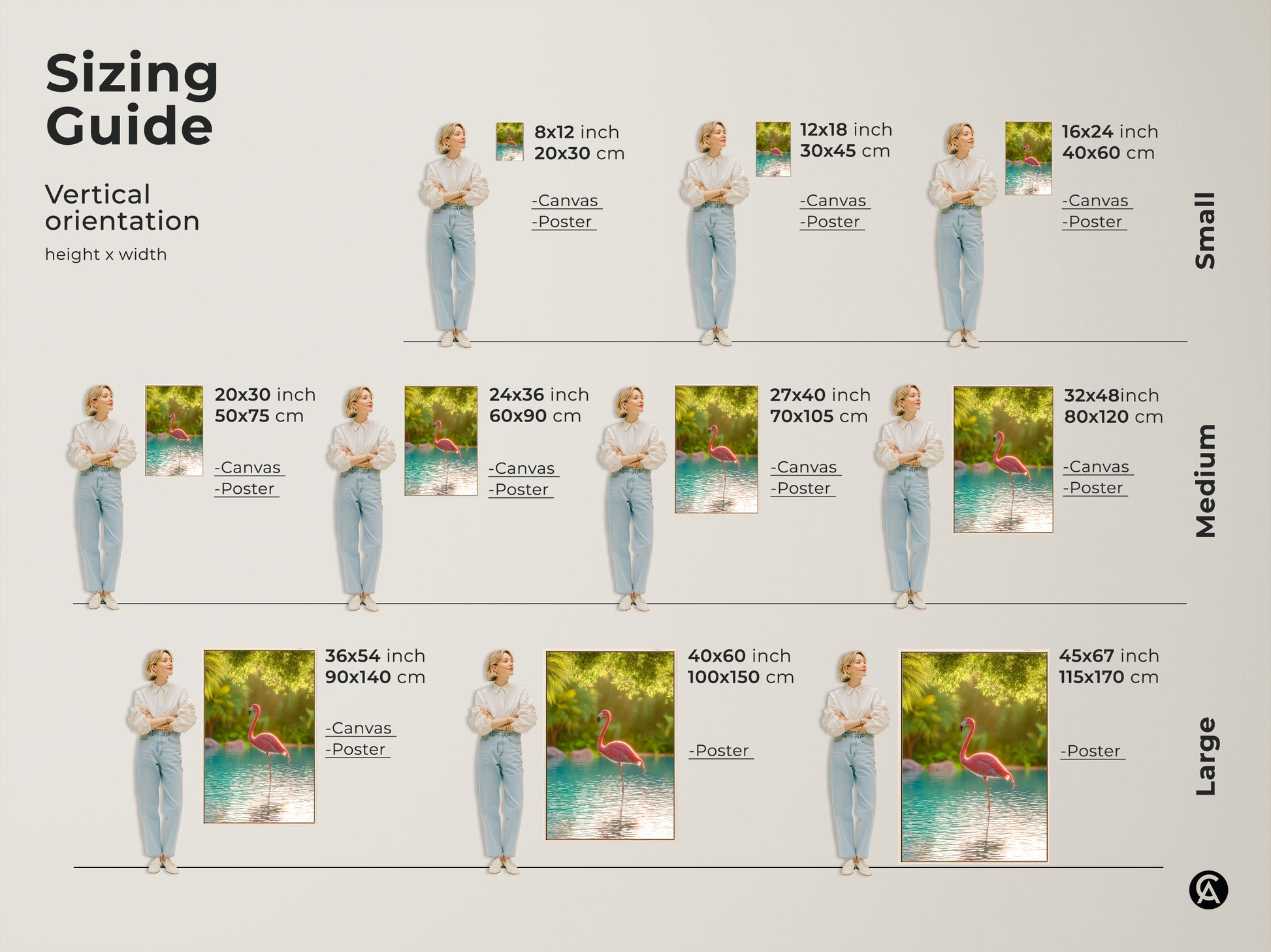 Sizing guide for vertical tropical flamingo art prints. Visualize canvas and poster sizes from small to large. See how each size fits with a model for scale. Choose the perfect dimensions to enhance your space. Find ideal wall art for any room.