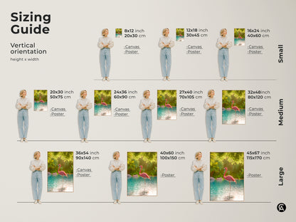 Sizing guide for vertical tropical flamingo art prints. Visualize canvas and poster sizes from small to large. See how each size fits with a model for scale. Choose the perfect dimensions to enhance your space. Find ideal wall art for any room.