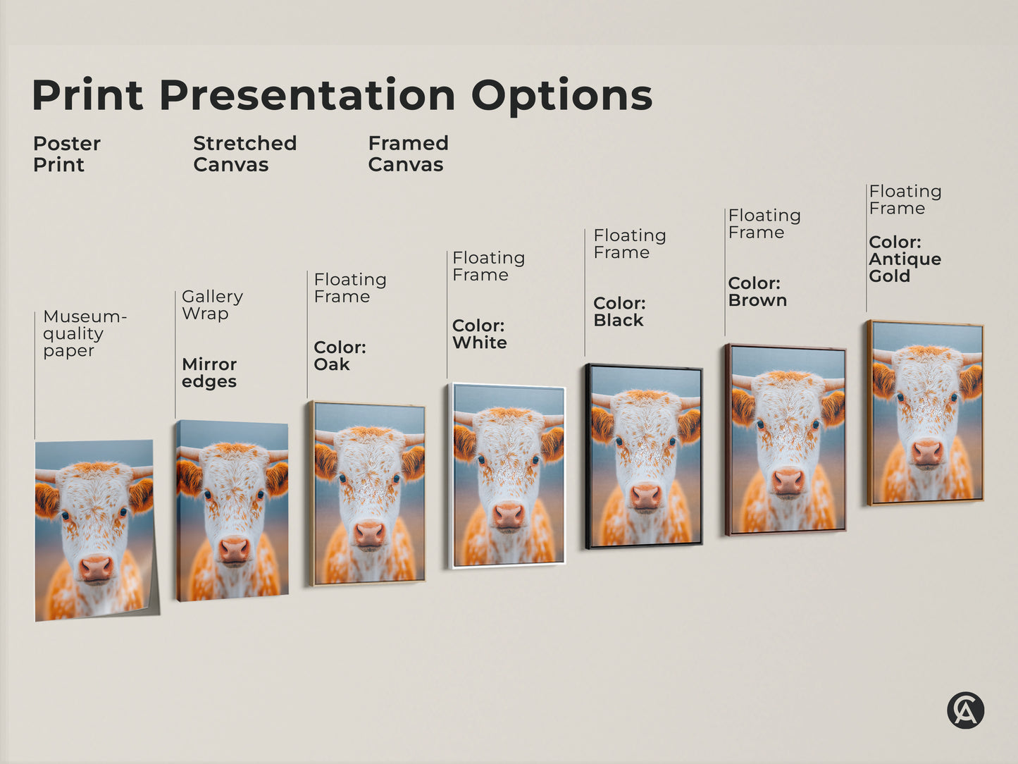 Print presentation options for longhorn calf art. Choose from poster print stretched canvas or framed canvas. Various frame colors are available including black brown white oak and antique gold. Find the perfect match for your style.