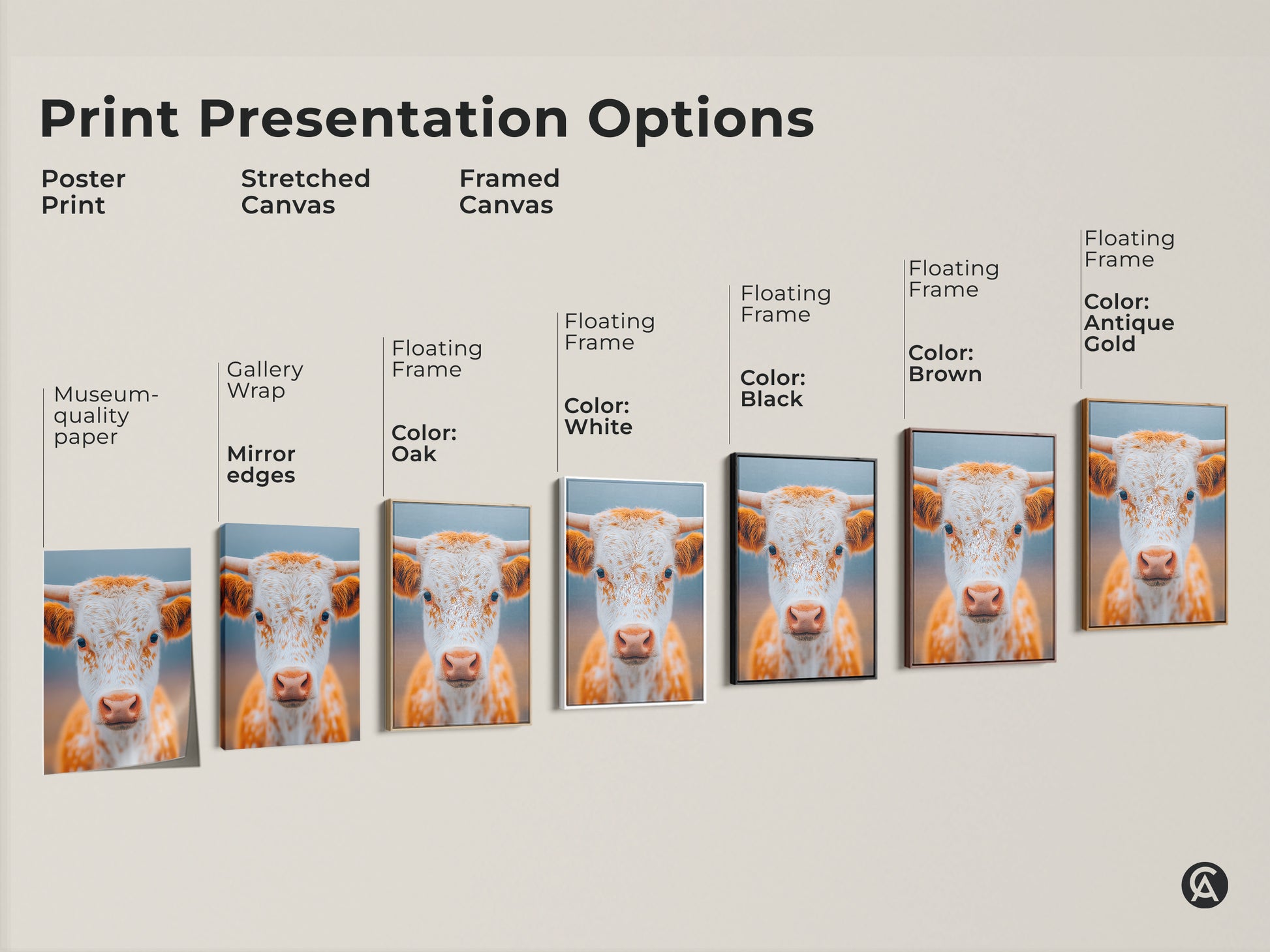 Print presentation options for longhorn calf art. Choose from poster print stretched canvas or framed canvas. Various frame colors are available including black brown white oak and antique gold. Find the perfect match for your style.