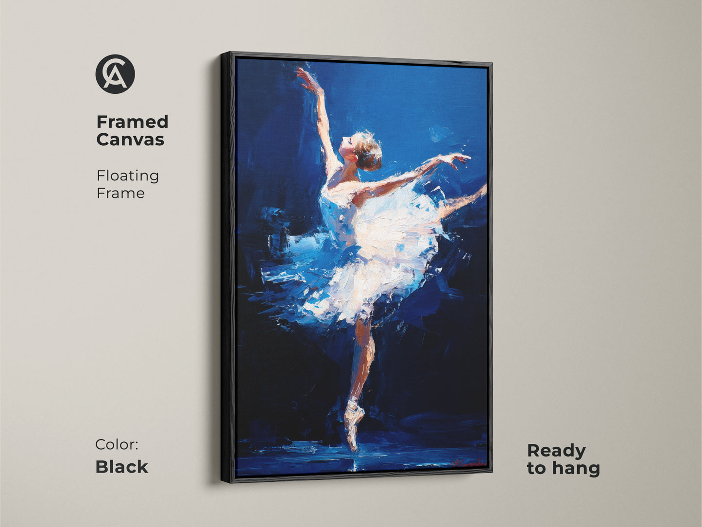 Framed canvas artwork featuring a ballerina. The black floating frame enhances the piece. This artwork is ready to hang. The painting depicts a dancer in motion with a blue backdrop. This stunning piece will add sophistication to any room. Perfect for dance and art enthusiasts.