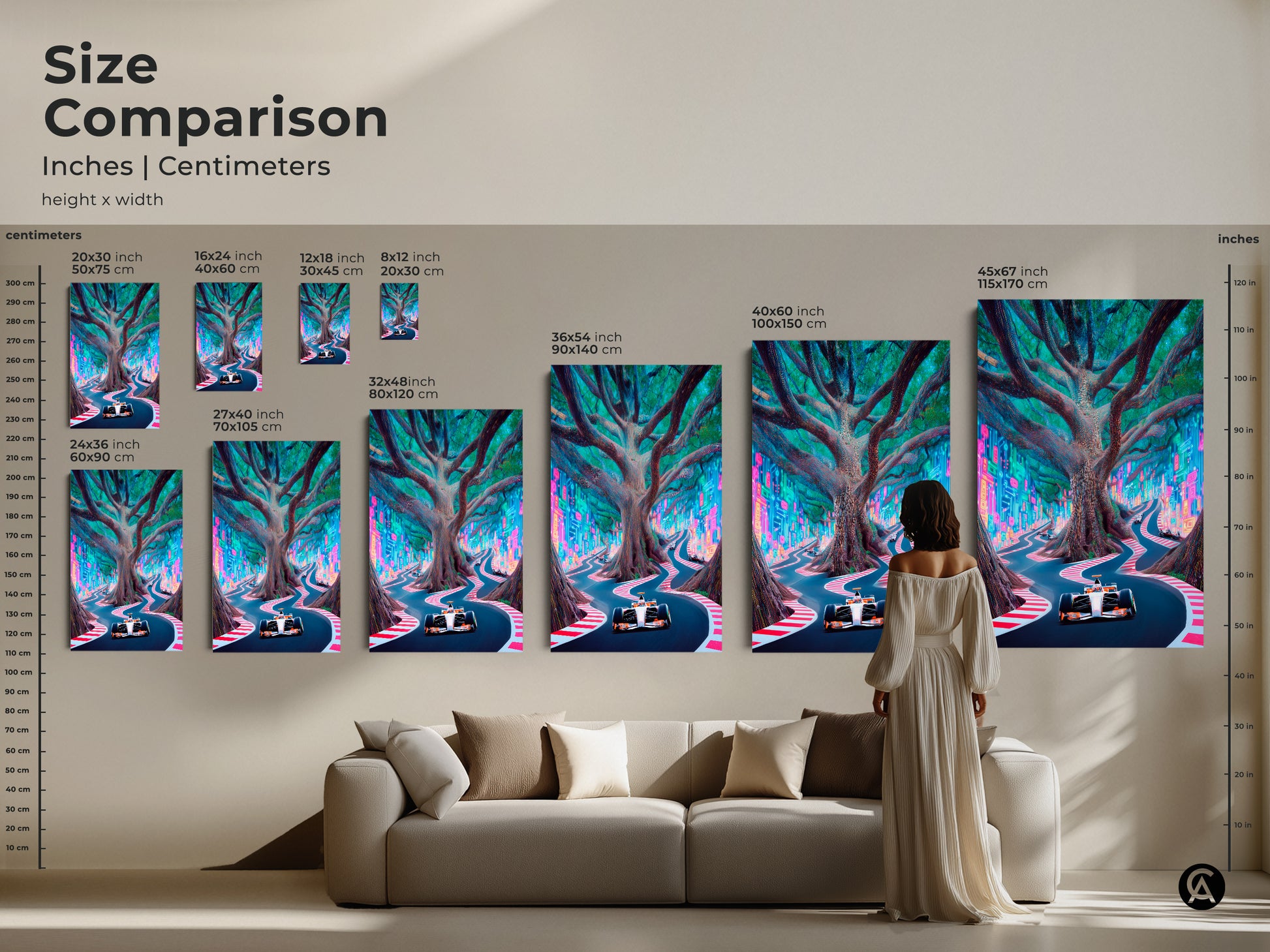 A Size Comparison illustrates inches and centimeters. See how this racing art fits above a couch. Visualize the art in sizes from 20x30 cm to 115x170 cm. It’s a perfect blend of tech and nature for any modern room.