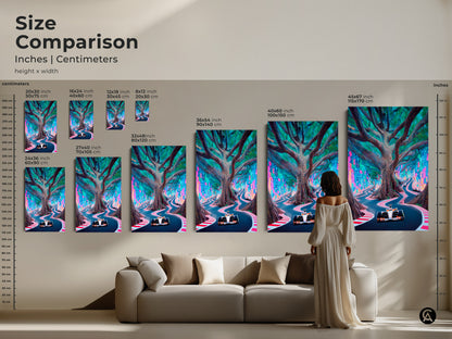 A Size Comparison illustrates inches and centimeters. See how this racing art fits above a couch. Visualize the art in sizes from 20x30 cm to 115x170 cm. It’s a perfect blend of tech and nature for any modern room.