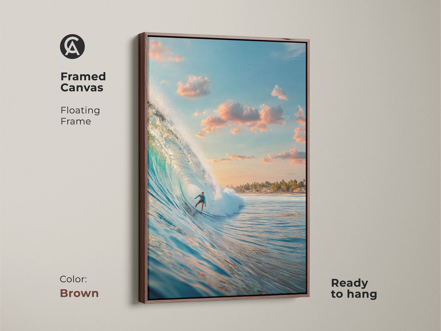 This brown framed canvas artwork features a surfer in action. Riding a beautiful blue wave. The floating frame enhances the scene. Ready to hang this piece brings a warm coastal touch to any room. Perfect artwork for a beach house.