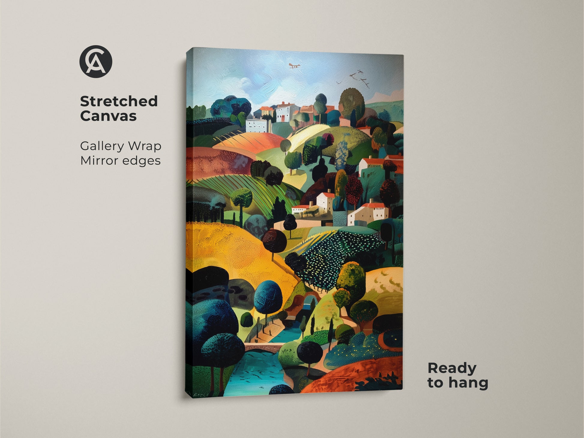 Stretched canvas folk art landscape print. The countryside village wall art showcases naive art homes decor. It features golden emerald and teal colors. The artwork is gallery wrapped with mirrored edges and is ready to hang. Perfect travel lover housewarming gift that enhances eclectic home decor.