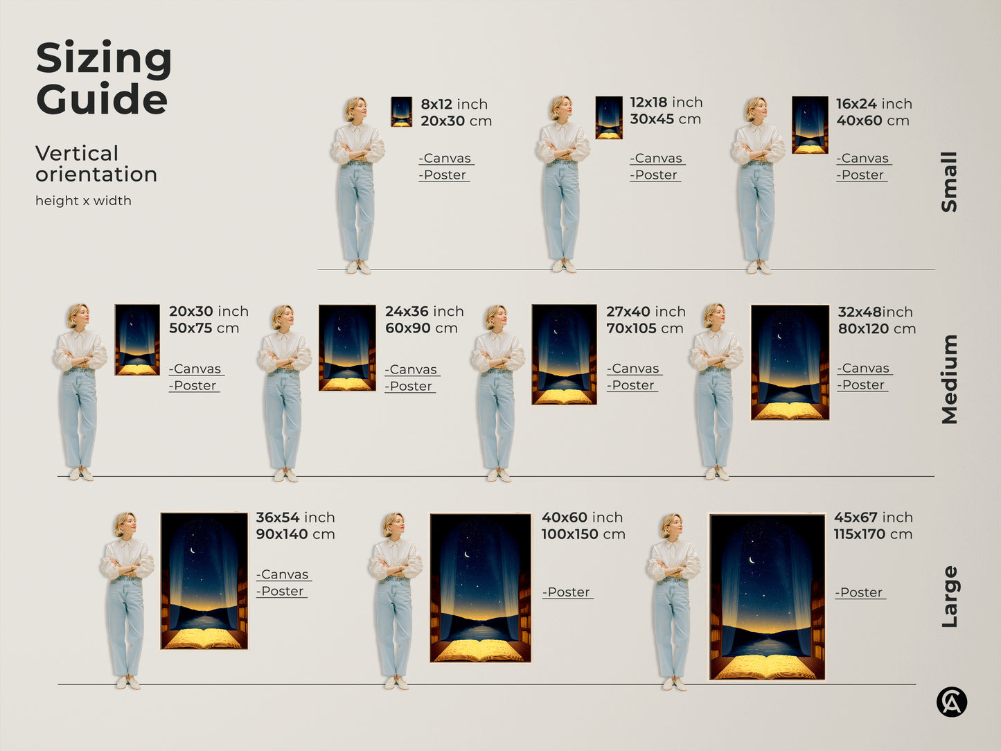Sizing guide for vertical orientation of open book and night sky artwork. See how canvas and poster prints look in various sizes. Ideal for adding a dreamlike touch to small medium and large spaces. Find the perfect fit for your wall.