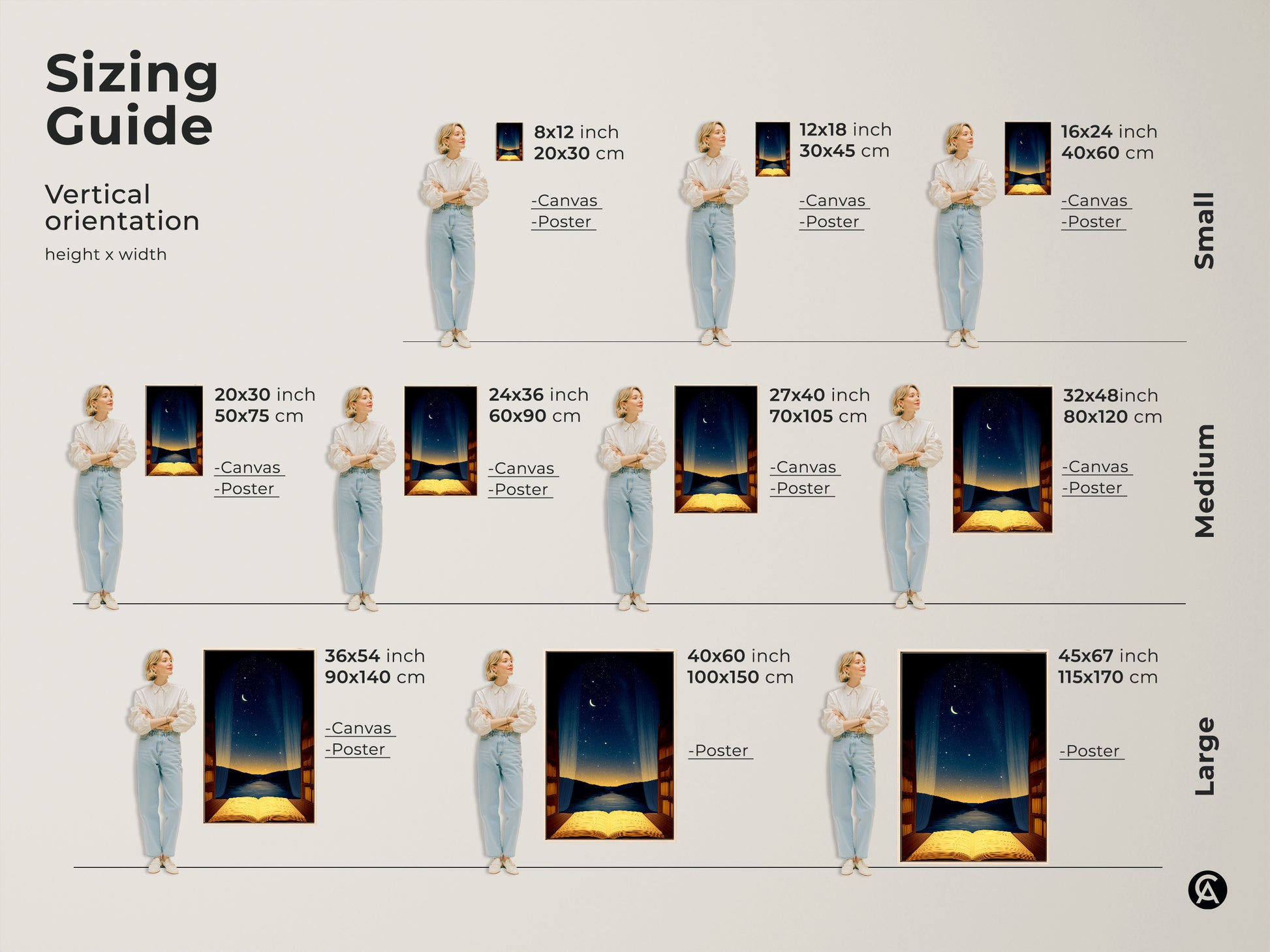 Sizing guide for vertical orientation of open book and night sky artwork. See how canvas and poster prints look in various sizes. Ideal for adding a dreamlike touch to small medium and large spaces. Find the perfect fit for your wall.
