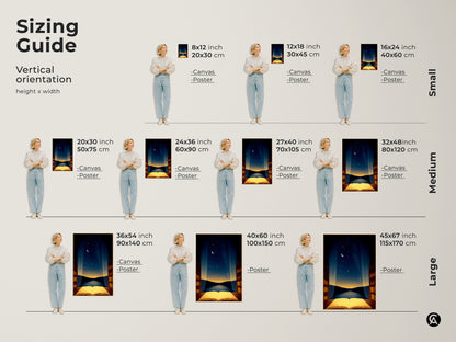 Sizing guide for vertical orientation of open book and night sky artwork. See how canvas and poster prints look in various sizes. Ideal for adding a dreamlike touch to small medium and large spaces. Find the perfect fit for your wall.