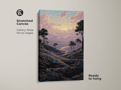 Stretched canvas art print showcasing a dreamy cityscape and impressionistic flower field. Gallery wrapped with mirrored edges this fantasy landscape is ready to hang. Eclectic wall decor for fantasy art lovers.